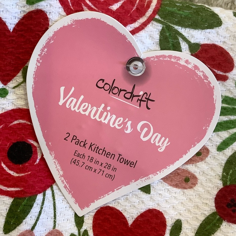 Valentine's Day Hearts Floral Colordrift Kitchen Towels NWT set of 2 cotton - Picture 15 of 16